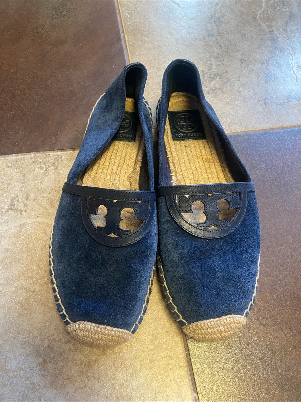 Tory Burch womens Navy Suede Espadrille Slip-Ons with Logo Cutout